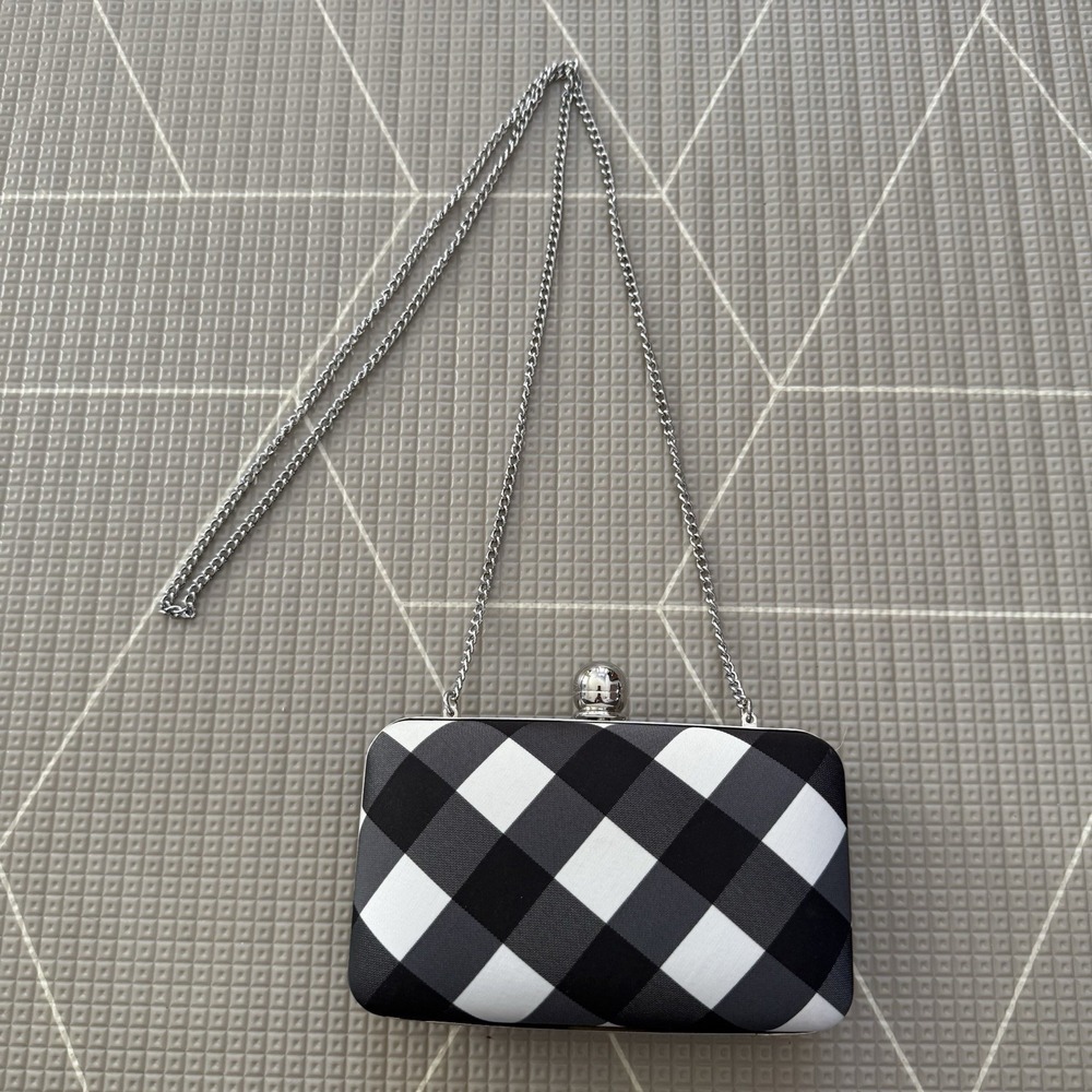 Talbots Buffalo Plaid Black/White Purse Evening Bag Clutch Metal Chain